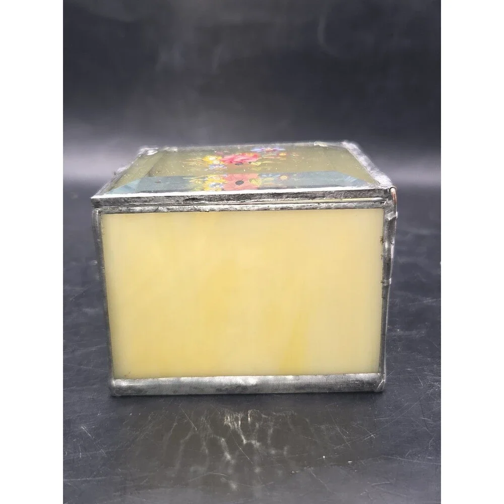 Vtg Glass Metal Leaded Trinket Jewelry Box Hinged Stained Glass Mirror Bottom